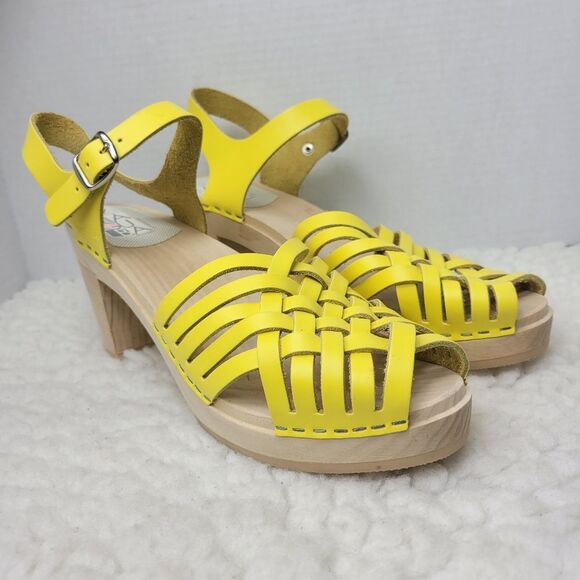 Maguba Of Sweden Women's Wooden HeelShoes Size 11.5 Yellow Strappy Leather